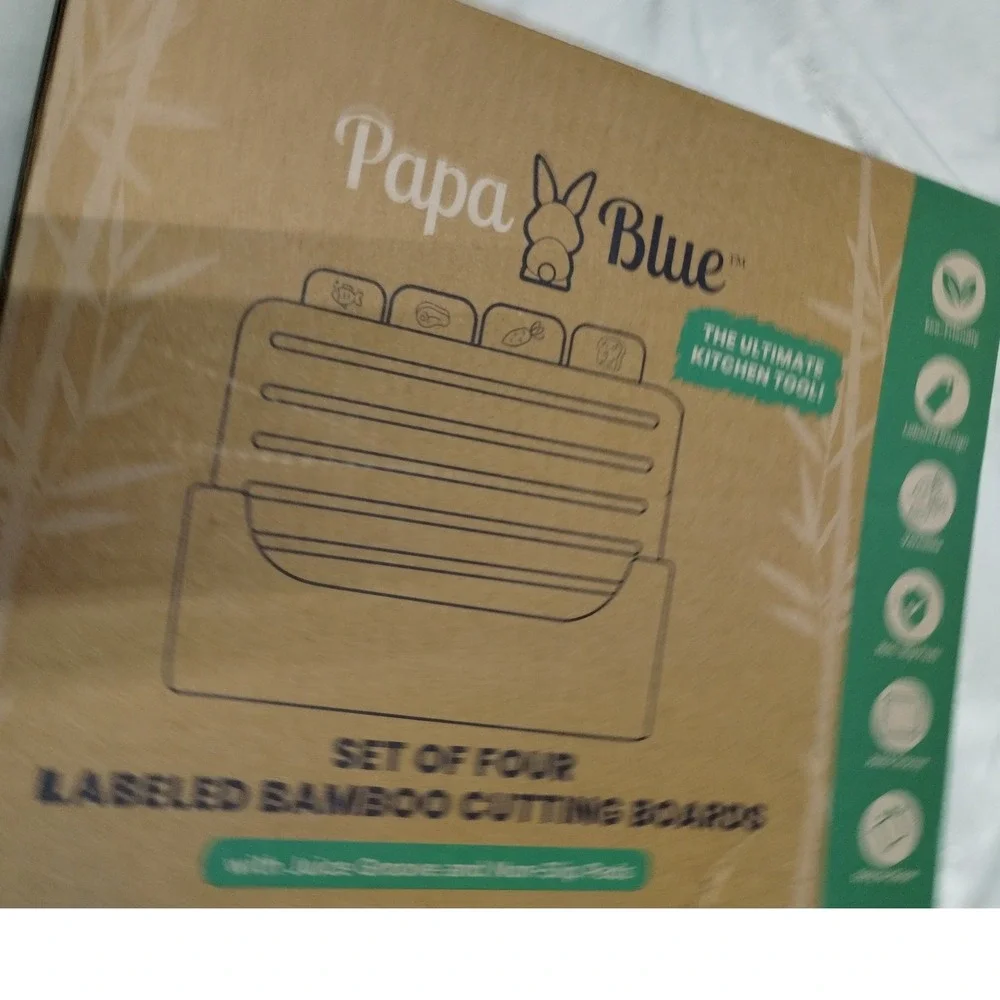 Papa Blue Labeled Bamboo Cutting Board Set of 4 with Stand Juice Groove Non-Slip